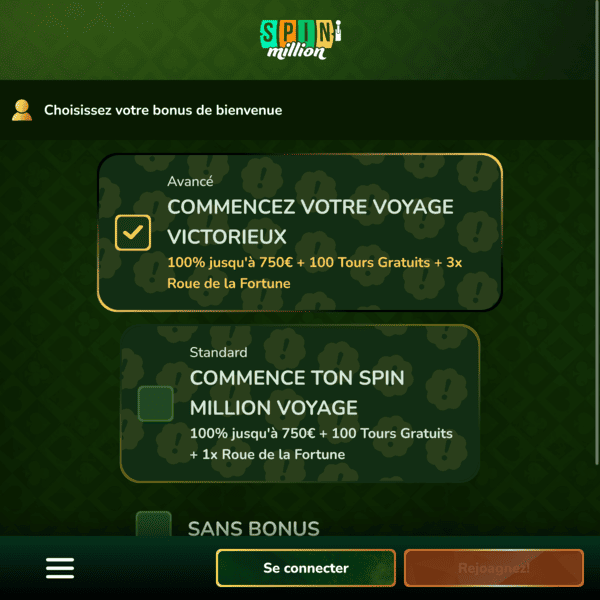 Spin Million Casino — Scelta Bonus di Benvenuto